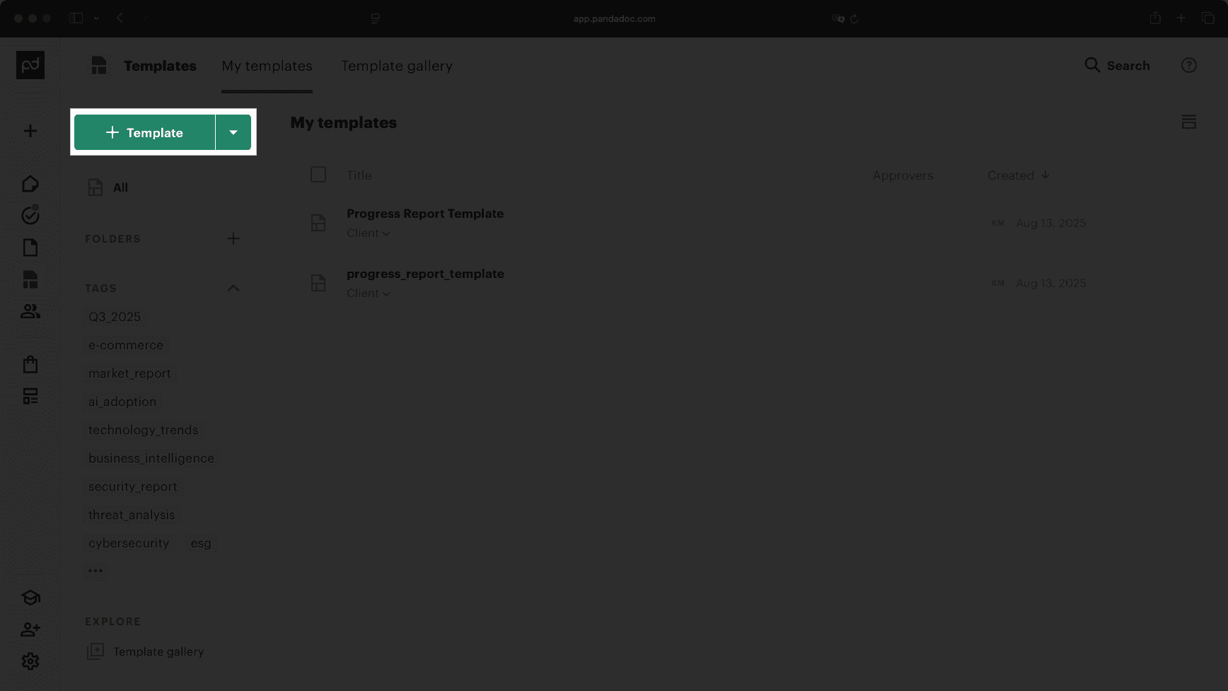 Screenshot of the PandaDoc dashboard highlighting the new template button