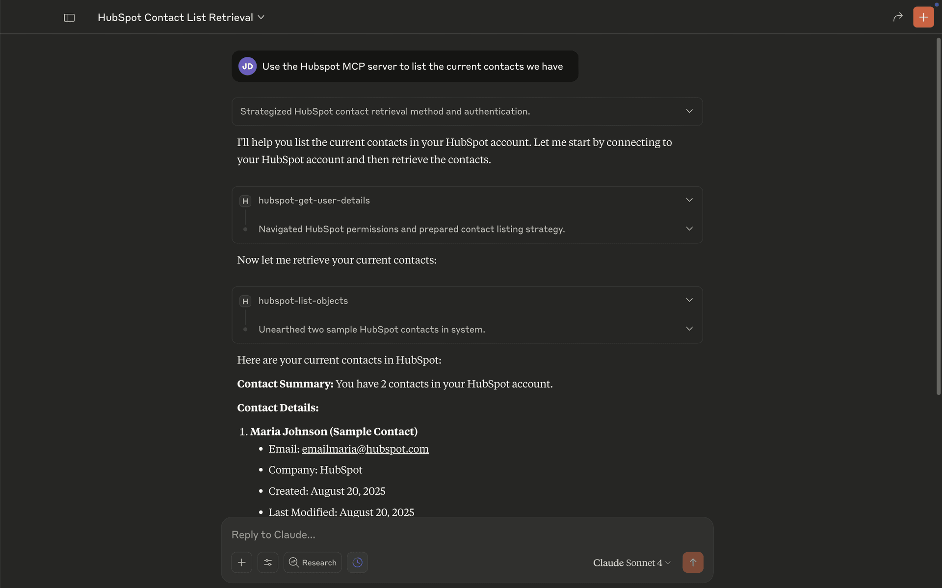 Claude Desktop conversation showing successful HubSpot contact retrieval
