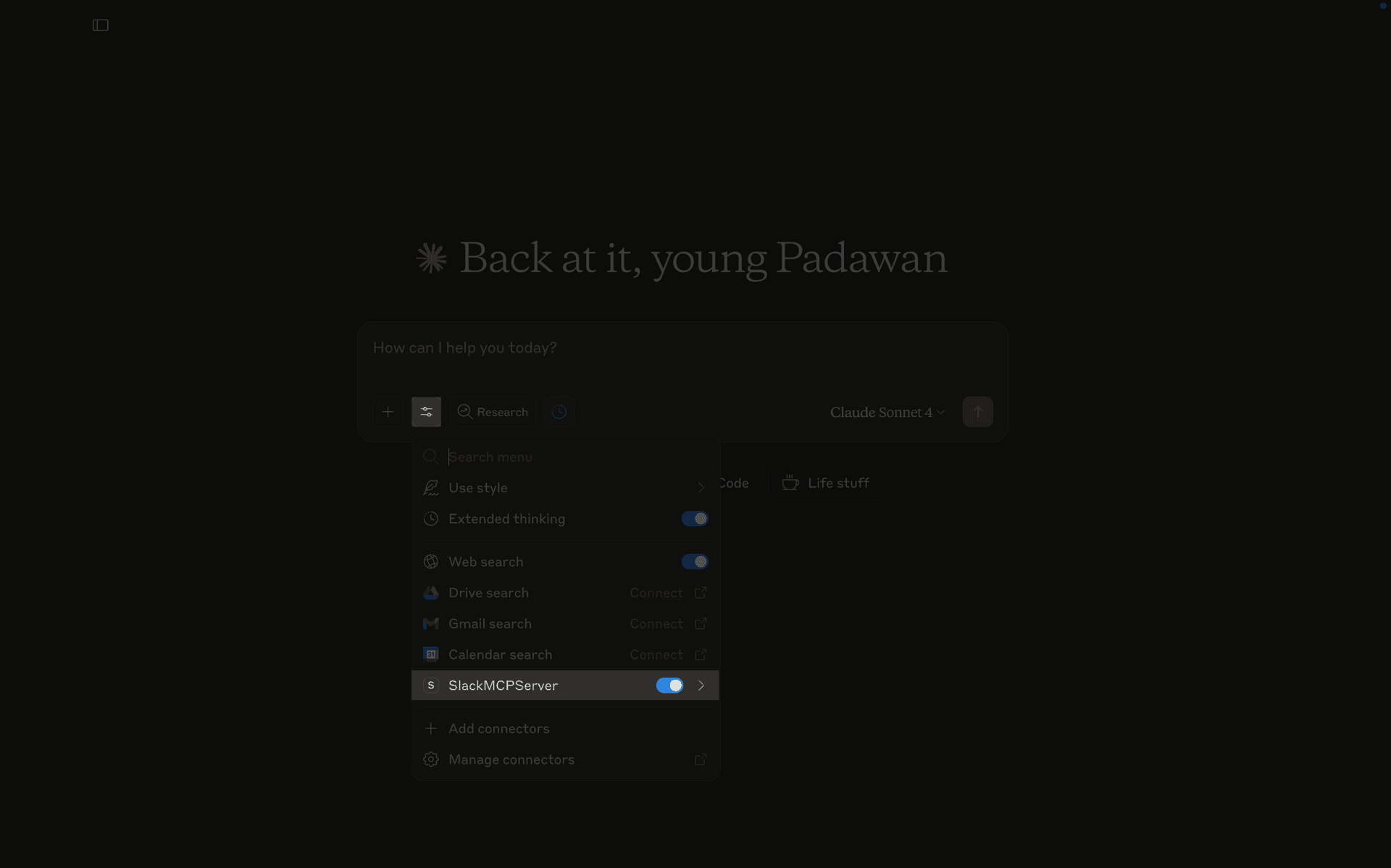 Screenshot showing how to locate the Slack MCP Server in Claude Desktop "Search and tools"