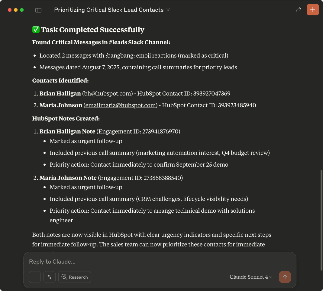 Claude Desktop showing workflow execution results