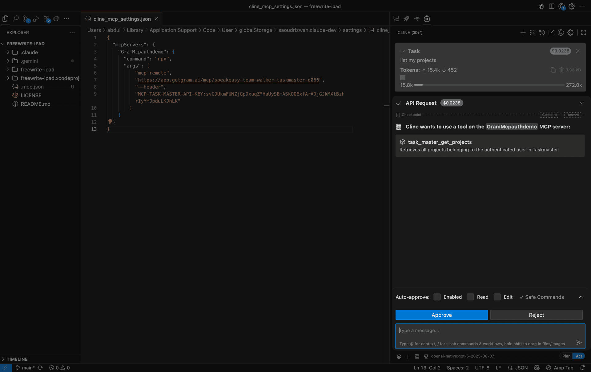 Screenshot showing Cline asking for permission to use the tool