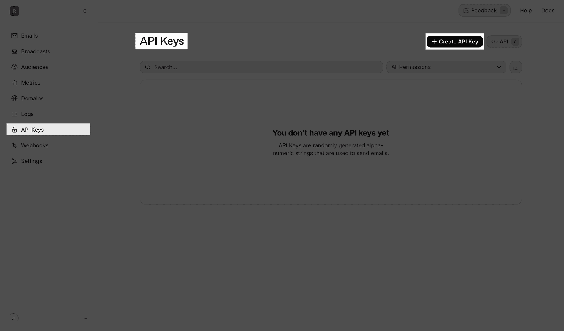 Screenshot of the Resend UI showing the navigation path: API Keys → Create API Key