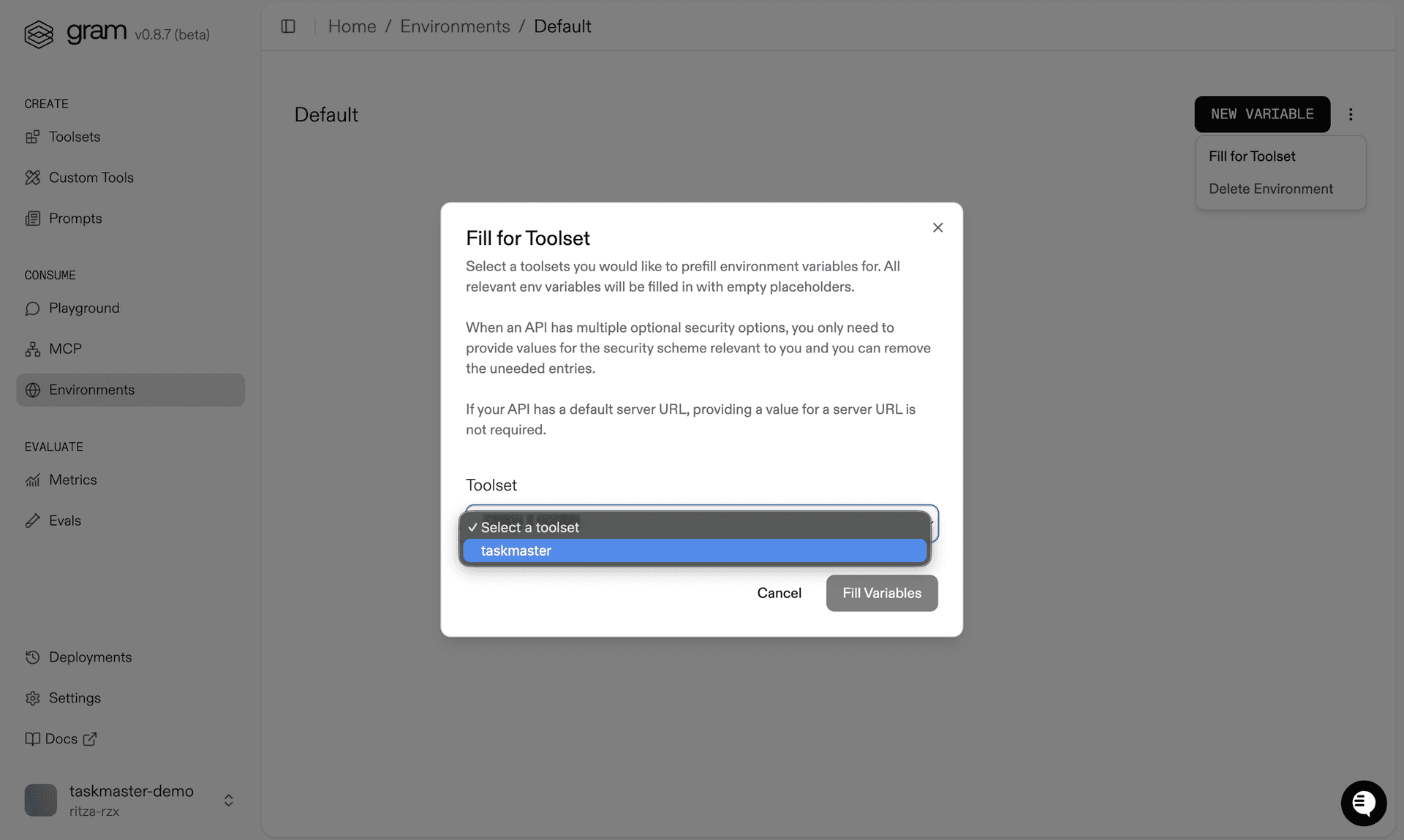 Screenshot showing the fill for toolset dialog to automatically populate required variables