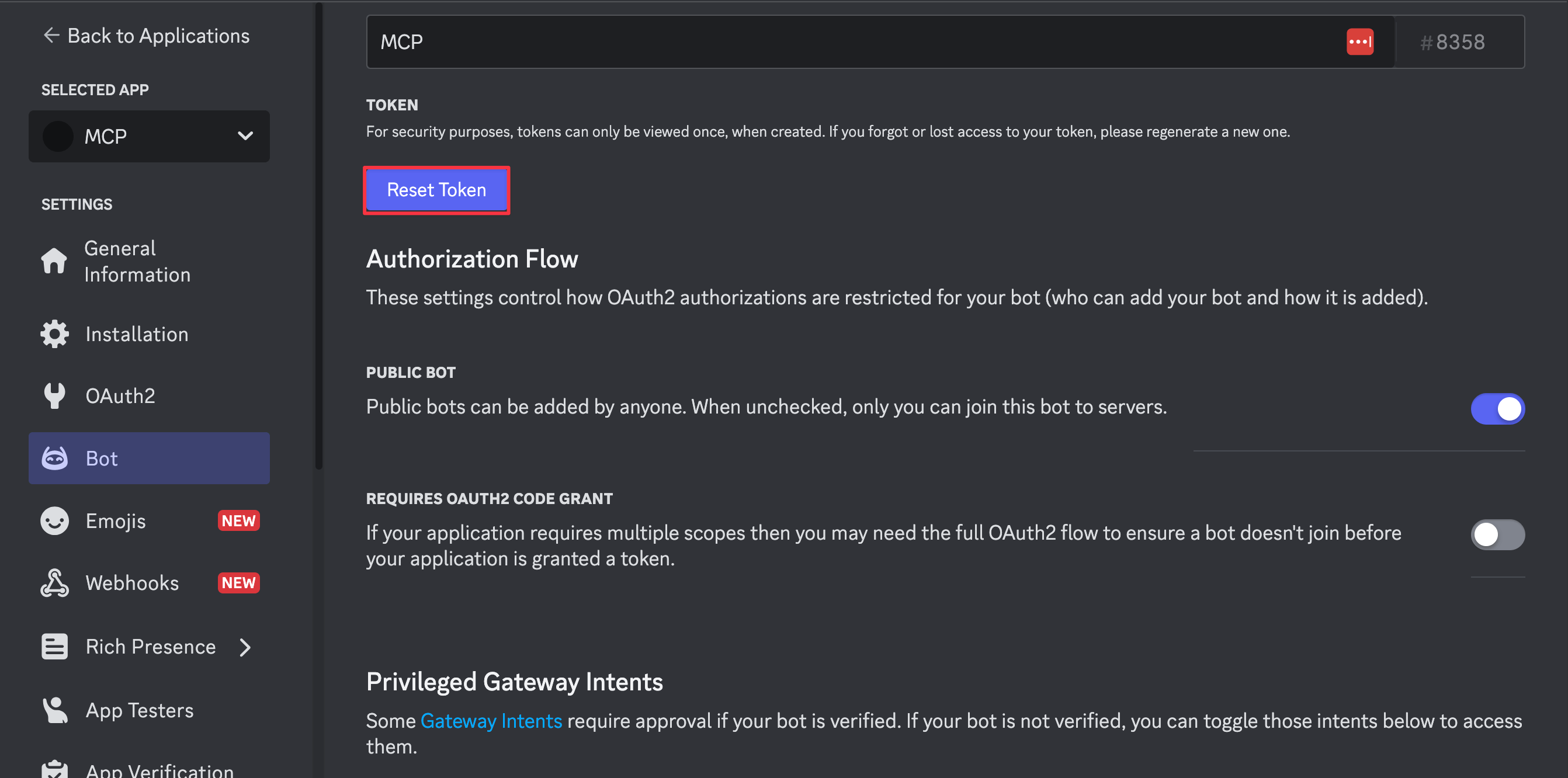 Discord developer portal showing the bot token page
