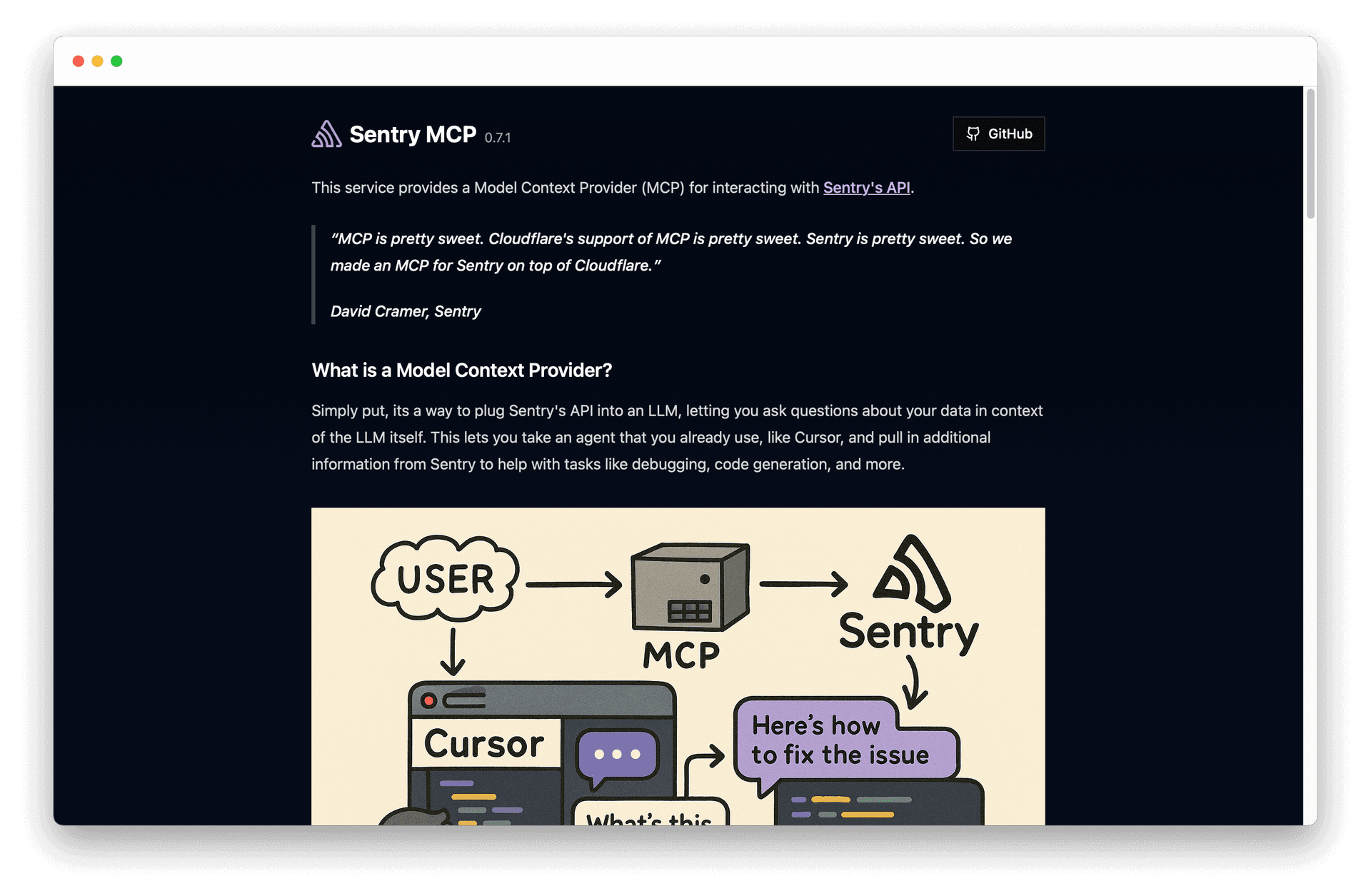 Screenshot of the Sentry MCP web interface with a dark-themed background. The header displays the Sentry MCP logo, version 0.7.1, and a GitHub button in the top right. The main content introduces Sentry MCP as a Model Context Provider for interacting with the Sentry API. A highlighted quote from David Cramer reads: MCP is pretty sweet. Cloudflare's support of MCP is pretty sweet. Sentry is pretty sweet. So we made an MCP for Sentry on top of Cloudflare. Below, a section titled What is a Model Context Provider explains it as a way to plug the Sentry API into an LLM, enabling users to ask questions about their data in context. A simple diagram illustrates the flow between User, MCP, Sentry, and Cursor, with speech bubbles showing how the system helps fix issues. The overall tone is professional and informative, designed to welcome developers and provide clear guidance.