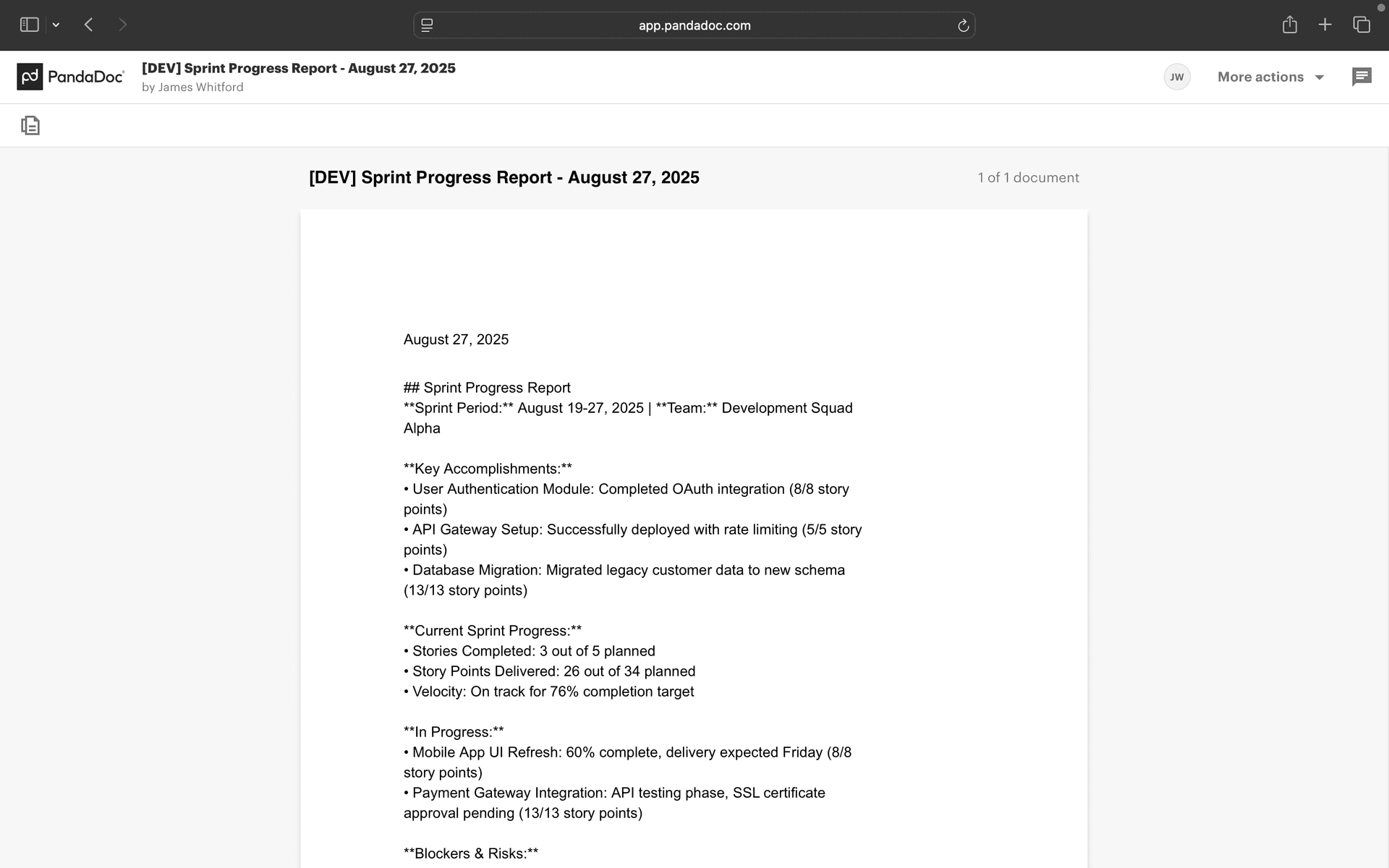 Screenshot of the generated document in PandaDoc