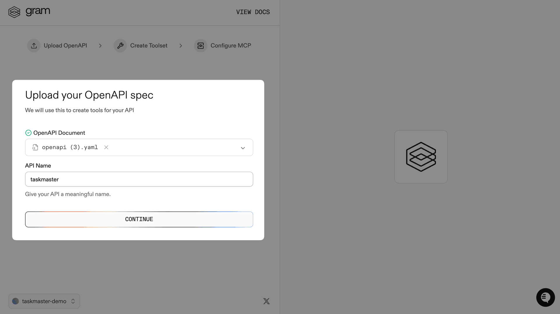 Screenshot of the upload your OpenAPI spec dialog