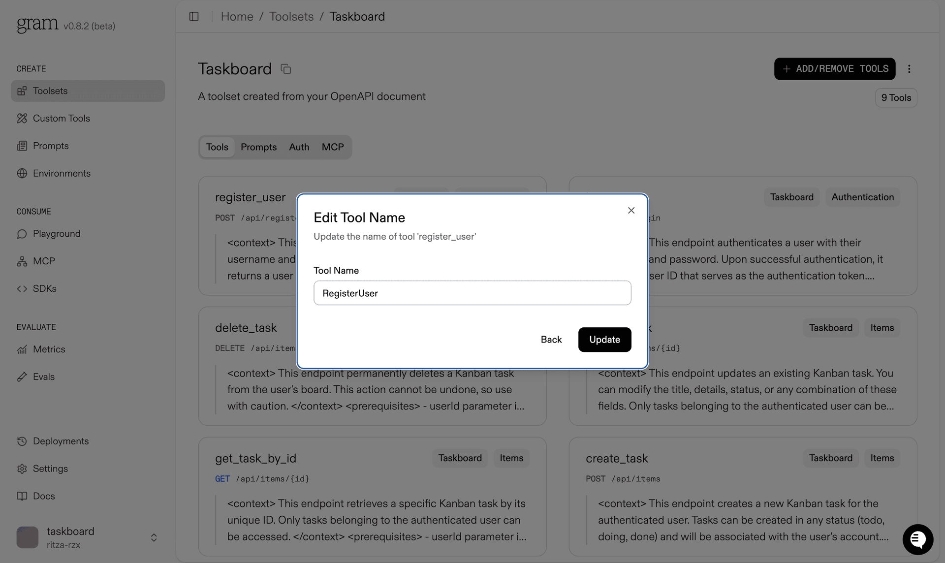 Validating tool name editing